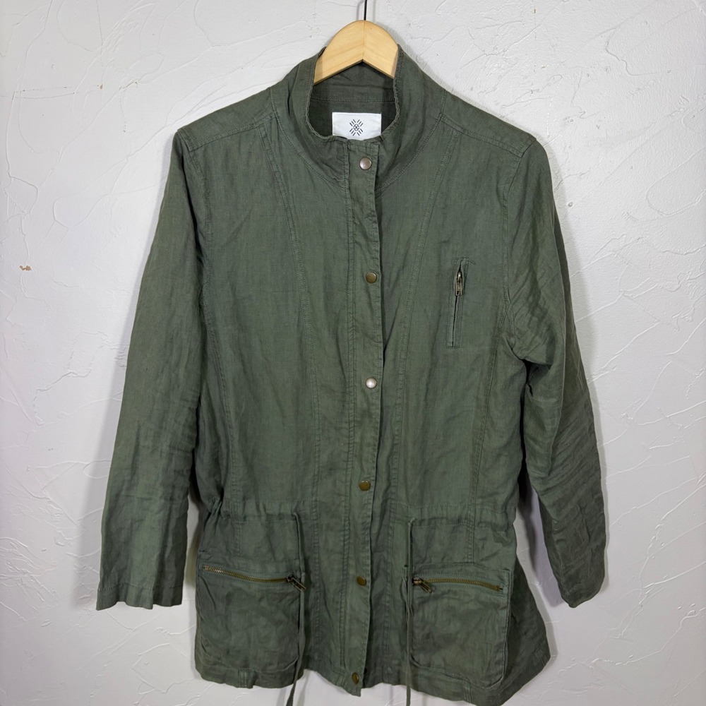 Artisan NY Linen Utility Field Jacket Womens Large Olive Green Drawstring Safari